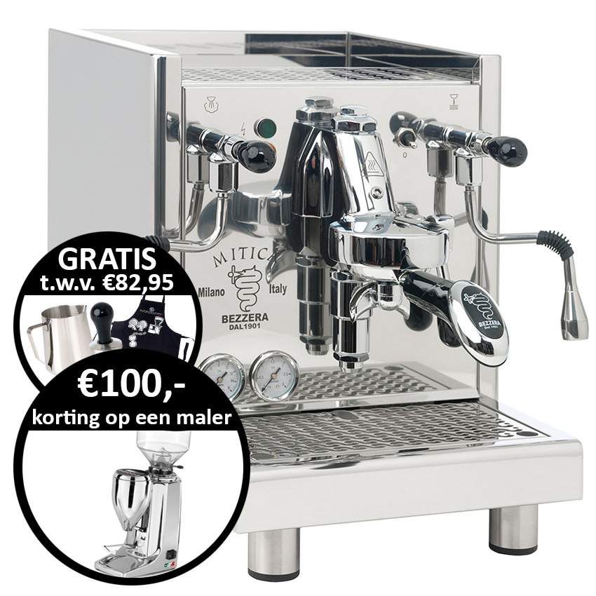 Nu gratis baristaset twv. €82,95 en €100,- korting op een bonenmaler bij aankoop van diverse Bezzera machines!